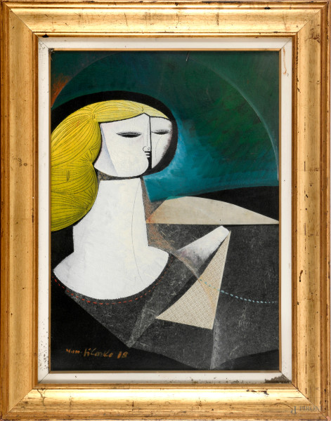 Busto di donna, olio su tela, cm 70x50, firmato e datato "18" in basso a sinistra, entro cornice