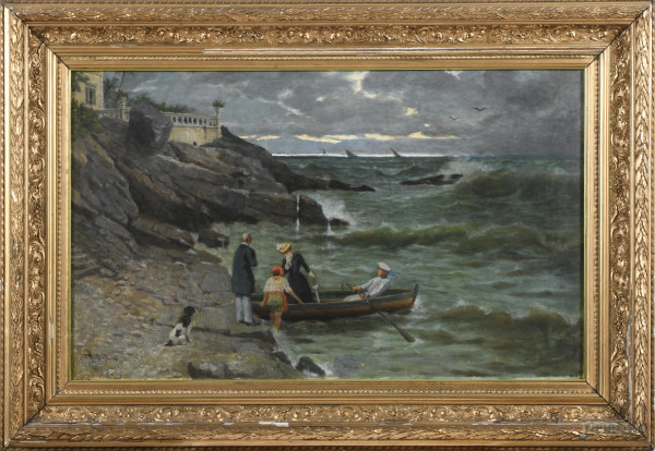 Bartolomeo Giuliano, Costa con figure, olio su tela, cm 55x89, firmato e datato 1890 in basso a sinistra, entro cornice