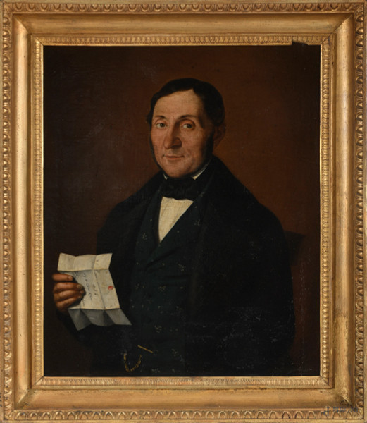 Ritratto di nobiluomo con lettera, olio su tela, XIX secolo, cm 76x64 entro cornice, (difetti)