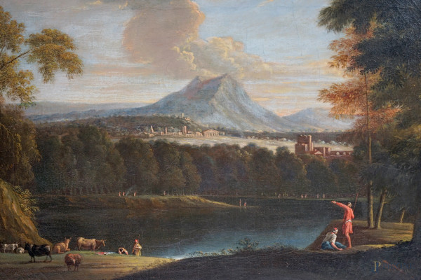 Bottega di Paolo Anesi (Roma, 1697 - Roma, 1773), Paesaggio con figure, armenti e rovine sullo sf...