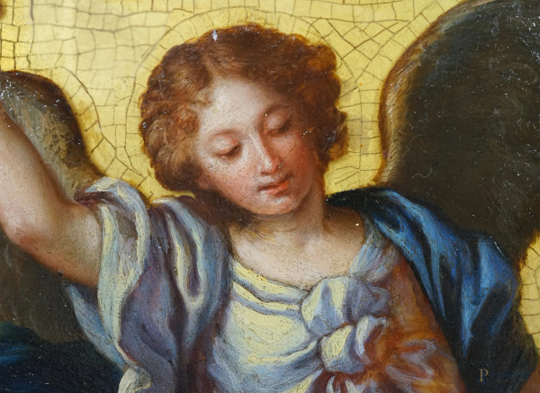 Pittore del XIX secolo, L'angelo custode, dipinto su vetro, cm 40x34, entro cornice