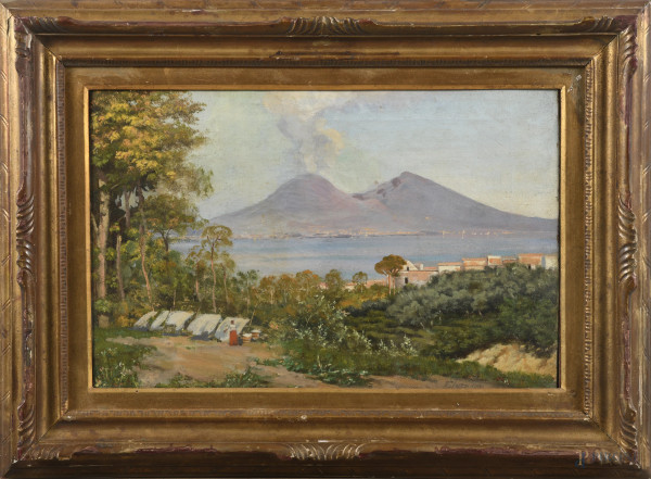 Veduta del Vesuvio, XX secolo, olio su tela, cm 28,5x41, firmato in basso a destra, entro cornice, (segni di usura, craquelure, ondulazioni della tela, segni di battitura del telaio)