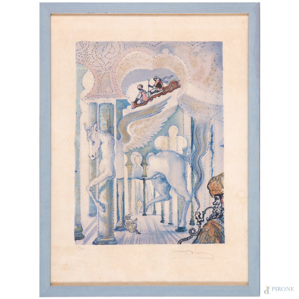 Salvador Dalì (1904 - 1989), Pègase, litografia su carta, es. 95/245, cm 56x41, entro cornice, (gore, umidità)