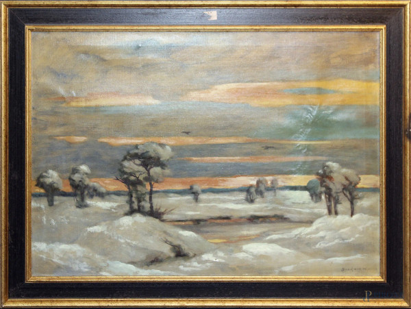 Paesaggio invernale, olio su tela 68x96 cm, firmato, entro cornice.