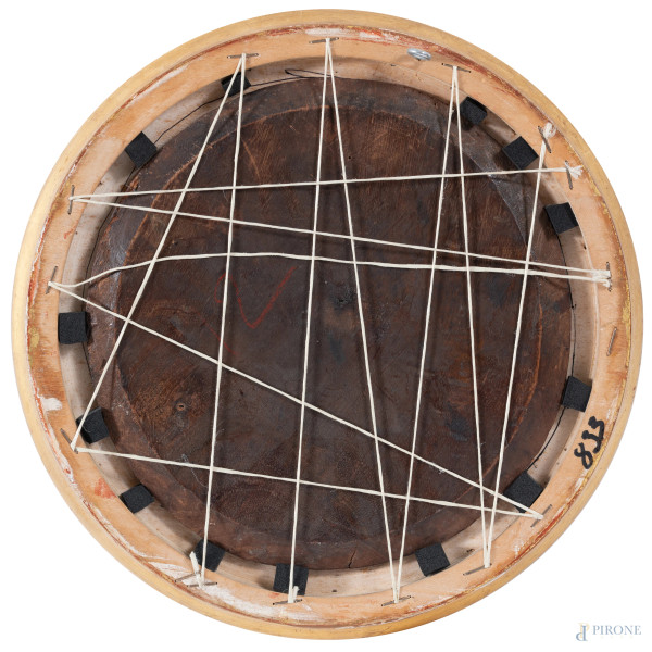 Scena bucolica, XVIII-XIX secolo, olio su tavola a serto circolare, diametro cm 21,5, entro corni...