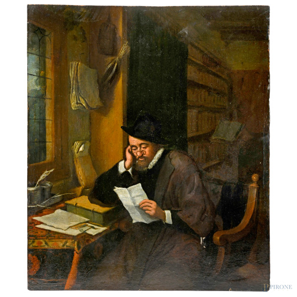 Nello studio, XVIII secolo, olio su tavola, cm 36x30, entro cornice, (piccole cadute di colore)