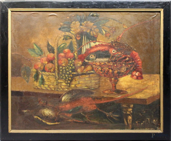Natura morta, cesta con frutta, aragosta e cacciagione, dipinto ad olio su tela, firmato, fine XIX sec., cm 80 x 100, entro cornice.