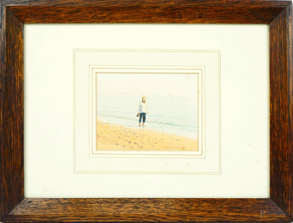 Figura in riva al mare, acquarello su carta, cm 10,5x14 circa, firmato, entro cornice, (piccole macchie sulla carta).