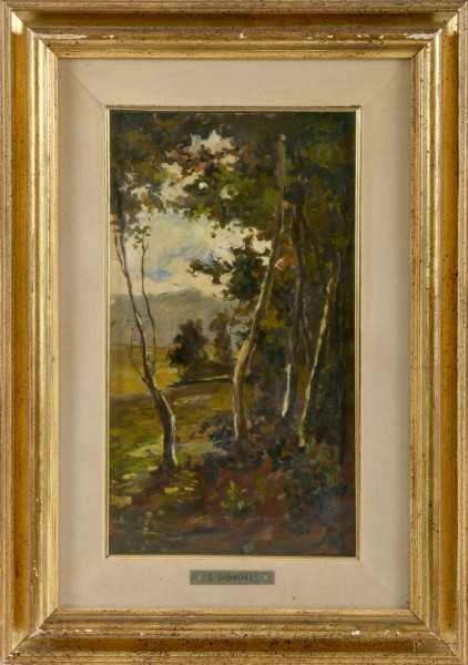 Paesaggio boschivo, olio su tavola, cm 47x33 entro cornice