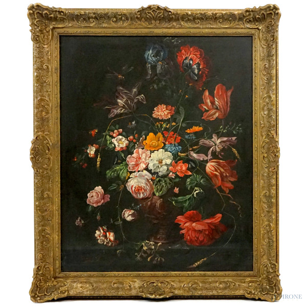Vaso con fiori e libellula, olio su tela, cm 76x63,5, firmato, entro cornice