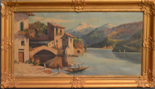 Paesaggio fluviale con case, antico dipinto olio su tela 79x38 cm, entro cornice firmato.