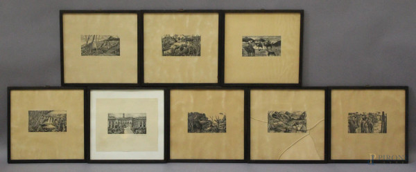 Diego Pettinelli - Lotto composto da nove incisioni raffiguranti paesaggi ed animali, cm 18 x 21, entro cornici.
