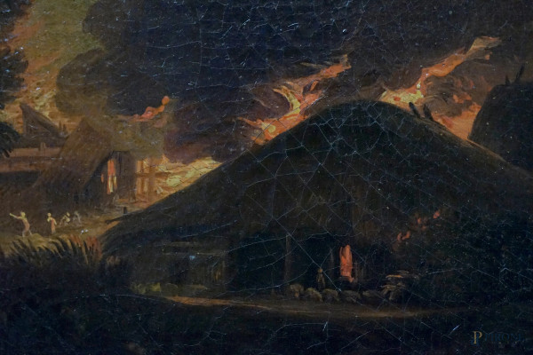 Pittore attivo a Genova alla fine del XVII secolo, Fuga da un incendio al chiaro di luna, olio su...