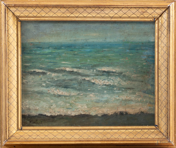 Marina, XX secolo, olio su cartone telato, cm 20x25, firmato in basso a sinistra, entro cornice, (segni di usura, cadute di colore)