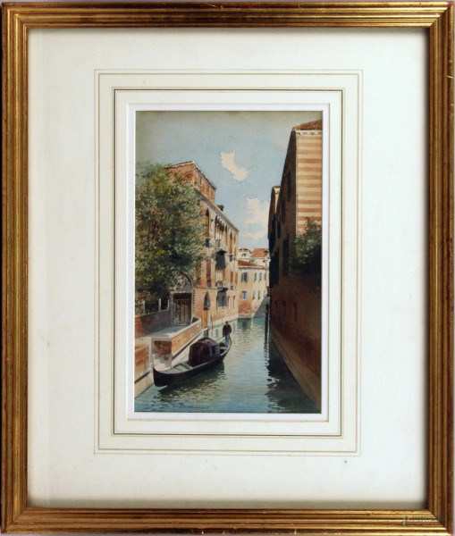 Canale di Venezia con gondola, acquarello su carta, cm. 29x19, firmato, entro cornice.
