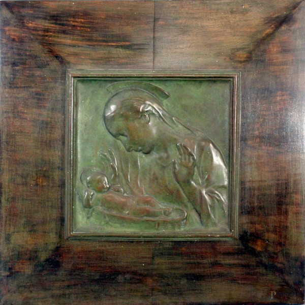 Aurelio Mistruzzi - Madonna con bambino, bassorilievo in bronzo 19,5x19,5cm, entro cornice