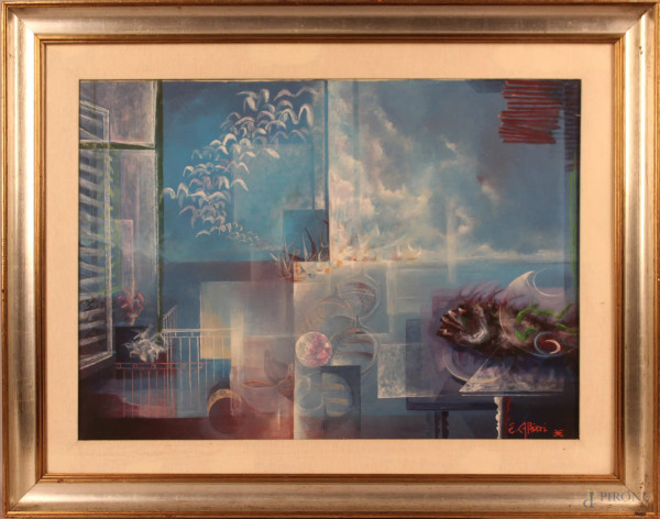 Paesaggio surrealista, olio su tela, cm. 50x70, firmato Ennio Alfieri, entro cornice.