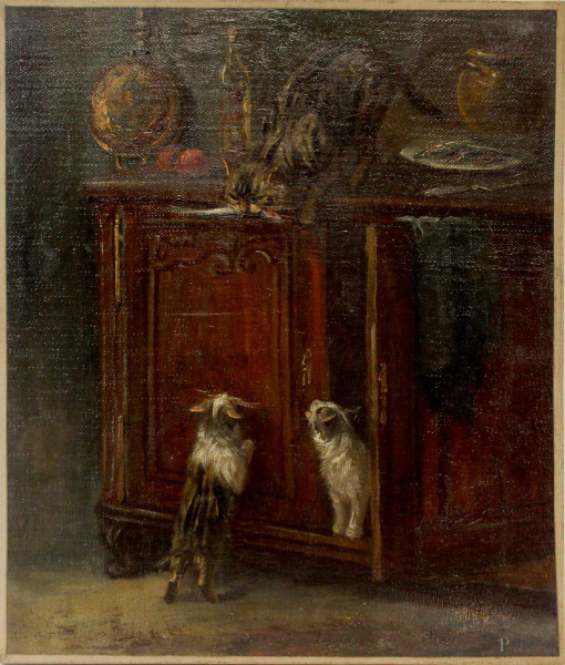 Scuola europea del XIX-XX secolo, Interno con gatti che rubano un pesce, olio su tela, cm 55x46.