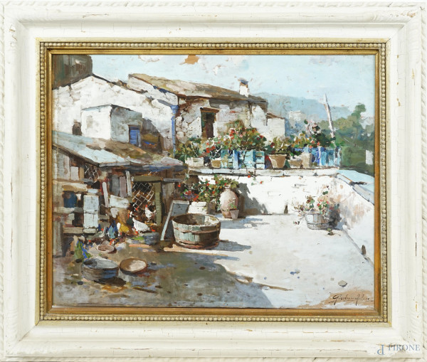 Felice Giordano (1880-1964), In Terrazza, olio su compensato, cm 38,5x50, entro cornice