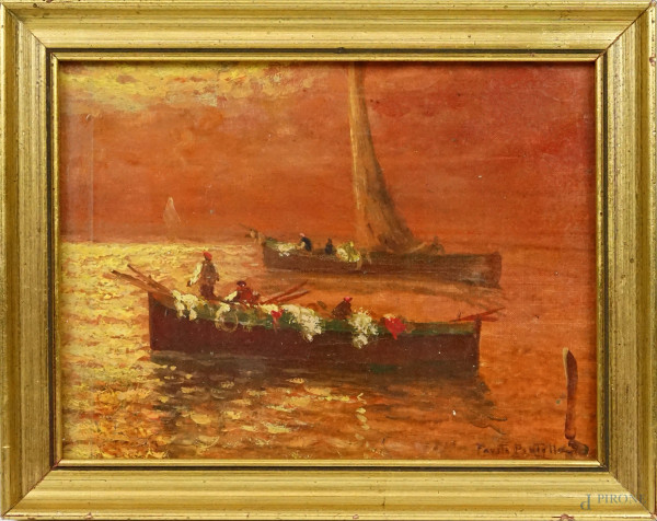 Imbarcazioni al tramonto, olio su cartone telato, cm 22x18, firmato, entro cornice.