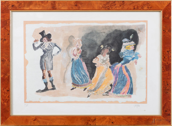 Achille Cattaneo (1872 - 1931), Figure in costume, litografia su carta es. p.d.a., cm 34x49, firmato in basso a destra, entro cornice, (foxing, tracce di umidità)