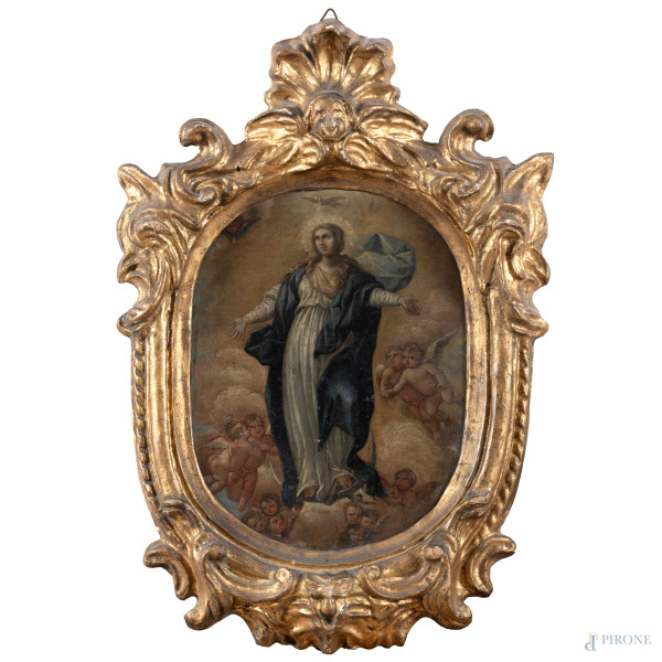 Madonna in gloria, XVIII secolo, olio su rame, cm 29x22, entro cornice, (segni di usura, graffi, abrasioni, supporto imbarcato)