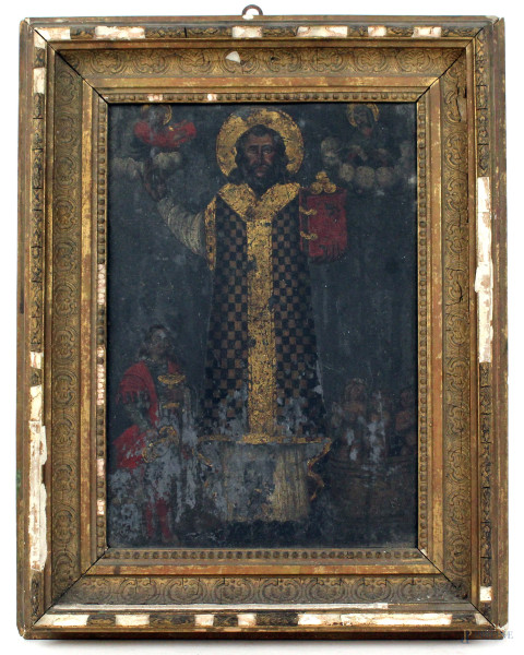 San Nicola, olio su ardesia, cm 36,5x24, XIX secolo,entro cornice, (difetti)