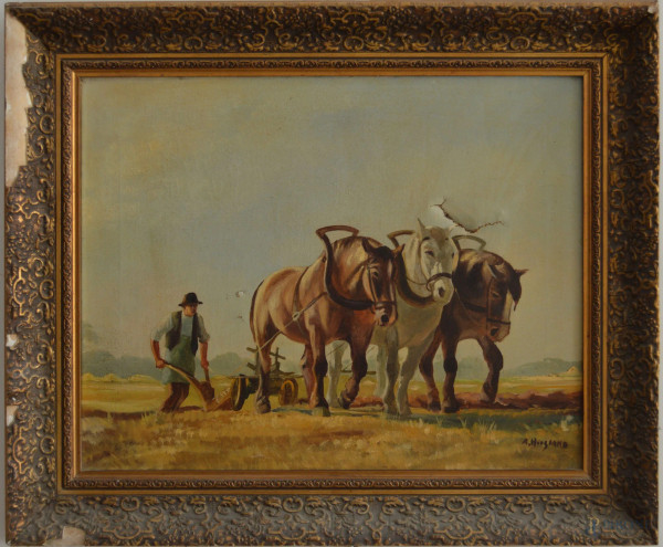 Scena contadina con aratro e cavalli, olio su tela 50x40, entro cornice firmato, (difetti alla cornice).