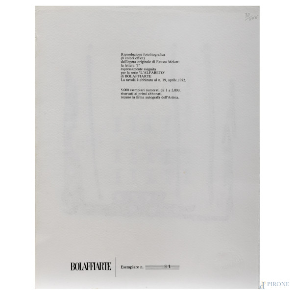 Riproduzione fotolitografica dell'opera di Fausto Melotti "Lettera I", eseguita per la serie Alfa...