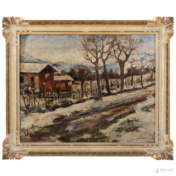 Viale innevato, XX secolo, olio su cartone, cm 40x50, firmato in basso a destra, entro cornice, (segni di usura, difetti)