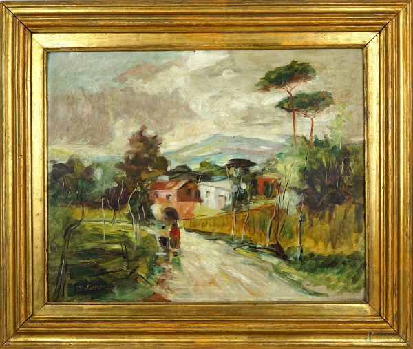 Paesaggio con strada e figure, olio su cartone, cm 40x50, firmato Asturi, entro cornice.