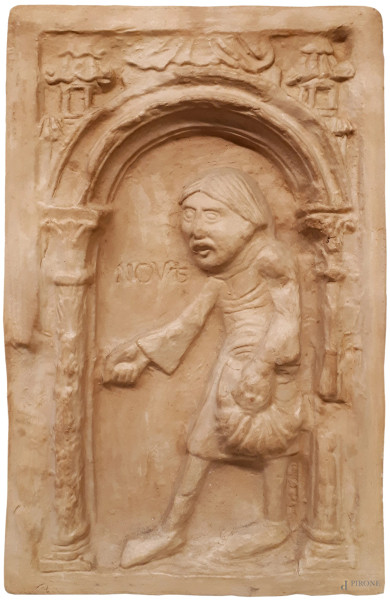 Antico bassorilievo in stile medievale raffigurante l’allegoria di Novembre, terracotta, cm 45x28 