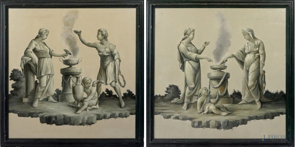 Coppia di grisaglie raffiguranti l'Allegoria dell'Amore celeste e dell'Amore terrestre, olio su tela applicata su masonite, cm 122,5x122, XIX secolo, entro cornici