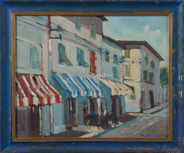 Via di città, XX secolo, olio su compensato, cm 33x41, firmato e datato in basso a destra, entro cornice, (segni abrasioni, supporto imbarcato, difetti)
