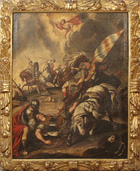 Pittore del XVII sec, La conversione di San Paolo, olio su tela, 84x67 cm, entro cornice coeva.