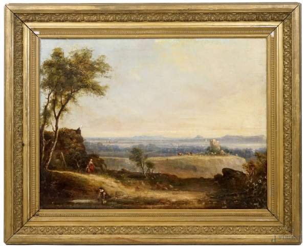 Paesaggio con popolane, olio su tela, cm 45,5x61, XIX secolo, entro cornice, (lievi difetti).