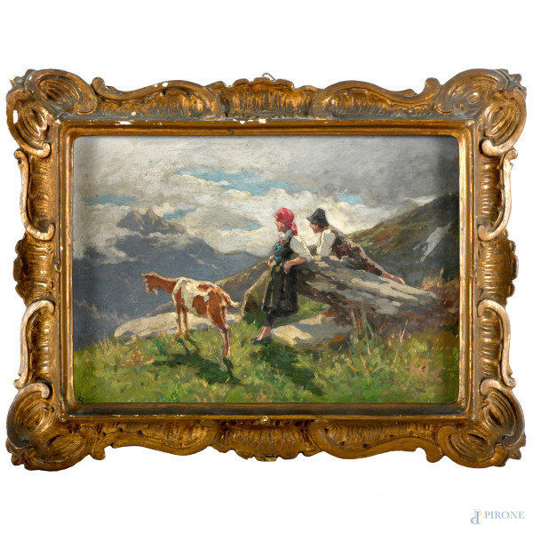 Alpi Pennine (da Enrico Bartezago, 1848-1937), olio su compensato, cm 24x32, entro cornice, (difetti