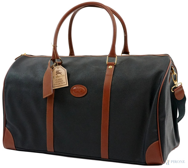 Burberry's, valigia da viaggio in pelle nera e marrone, cm 35x57x26,5