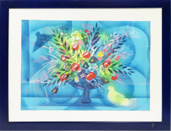 Vaso con fiori, acquarello su carta, cm 48x70, firmato con dedica a tergo, 1998, entro cornice.