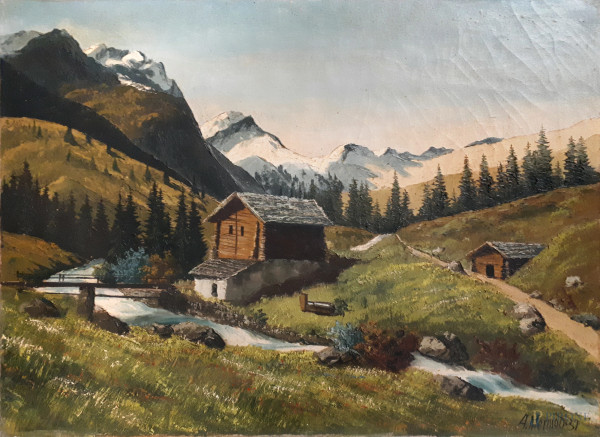 Paesaggio montano con casolari e ruscello, olio su tela del 1931, cm 42x58, firmato e datato in basso a destra
