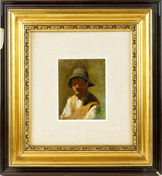 Uomo con cappello, olio su cartone, cm 13x10,5, firmato, entro cornice.