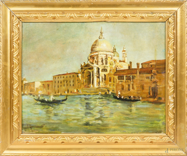 Scorcio di Venezia, olio su tela riportato su cartone, firmato, cm 36x47, entro cornice