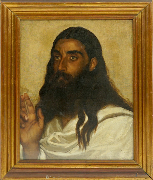 Cristo benedicente, olio su tela, cm 51x41, firmato, entro cornice