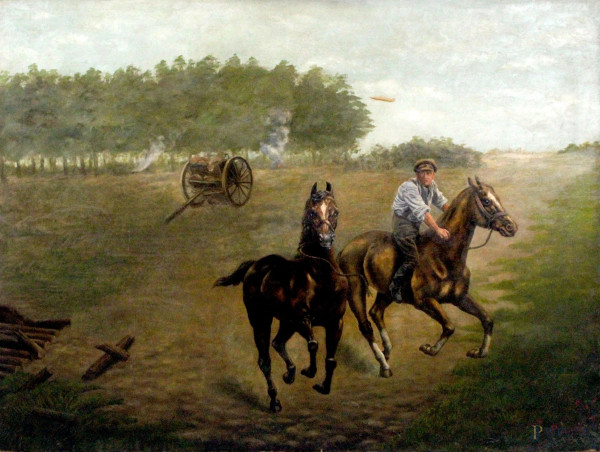 Paesaggio con cavallerizzo e cavalli, olio su tela, cm 91,55x122, firmato Mugnus, (piccolo danno alla tela)