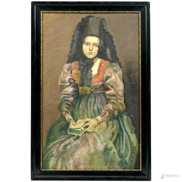 Ritratto di donna spagnola, olio su cartone, cm 54.5x34.5, XX secolo, entro cornice