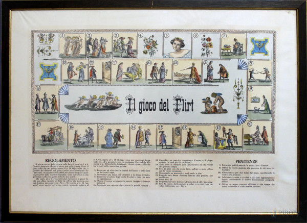 I giochi del flirt, vecchia stampa a colori, cm 78 x 54, entro cornice.