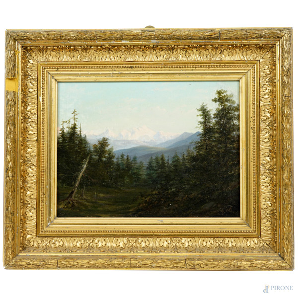 Pittore francese della fine del XIX secolo, Paesaggio alpino, olio su tela, siglato e datato in basso a destra B 1886, cm 24.5x32.8, entro cornice