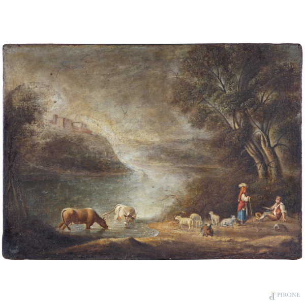 Coppia di paesaggi con figure e armenti, XIX secolo, olio su tela, cm 45,5x62, (craquelure, solle...