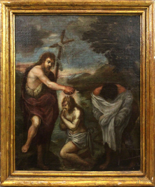 Pittore del XVIII secolo, Battesimo di Cristo, olio su tela, cm 87x70,  entro cornice