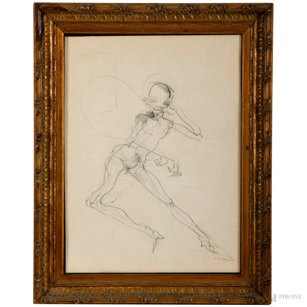 Nudo, grafite su carta, firmato in basso a destra, XX secolo, cm 57x42,5 entro cornice